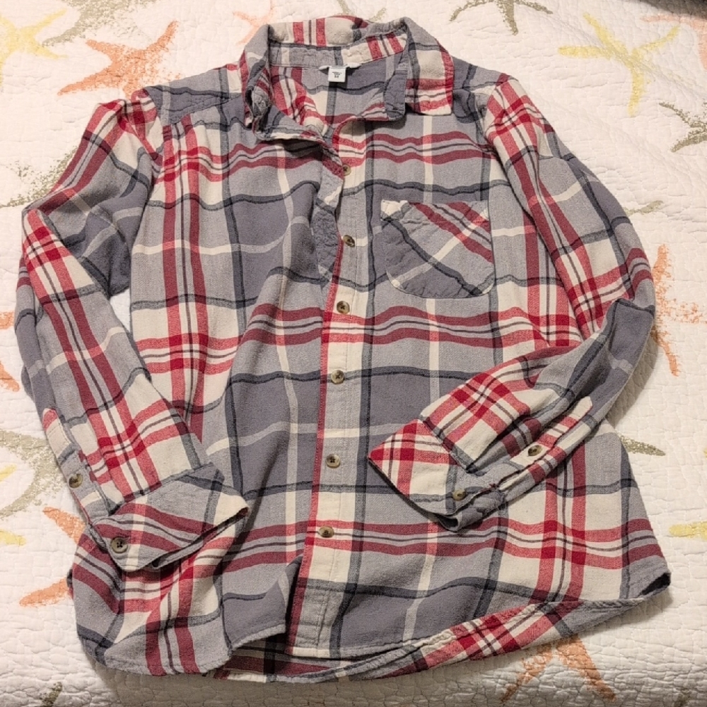 Sonoma | Women's Casual Plaid Button-Down Shirt - Red, Gray and White